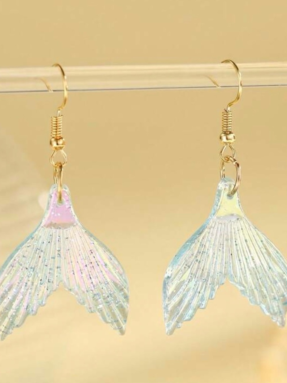 Gold Hook Iridescent Mermaid Tail Earrings in Pink & Blue - Picture 2 of 7